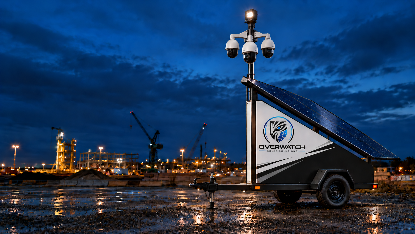 Solar surveillance trailer with three PTZ dome cameras beside an industrial construction site at dusk